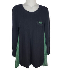 CABI Sweater Top Small Get Together Mixed Media Pleated Black Green Sheer 3520